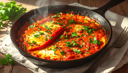 Shakshuka in enamel skillet with chili and herbs, hearty breakfast in directional light	
