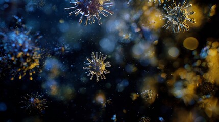 Fototapeta premium Ray of opulence: a de-focused symphony in blue and gold. Toxic pathogens. Teal and amber ambiance: abstract lights in a blurred universe. Infectious microbes. Airborne microbes.