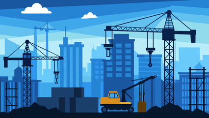 Modern city skyline under construction with cranes and buildings in blue tones