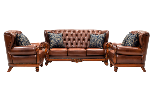 Elegant brown leather sofa set isolated on transparent background.