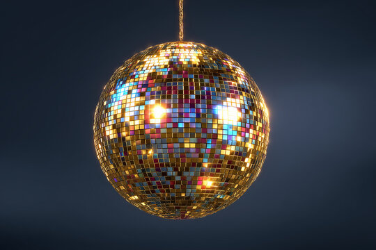 15m A retro-style golden disco ball made of tiny mirrored tiles, suspended in mid-air without a stand. Facets casting multicolored reflections like red, blue, and green across its