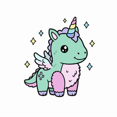 Cute cartoon baby unicorn with wings, magical sparkles and pastel colors illustration