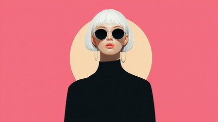 A digital portrait depicts a woman with white bob, sunglasses, turtleneck, against a pink backdrop
