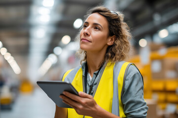 Employee using tablet to monitor automated delivery system, modern warehouse background,