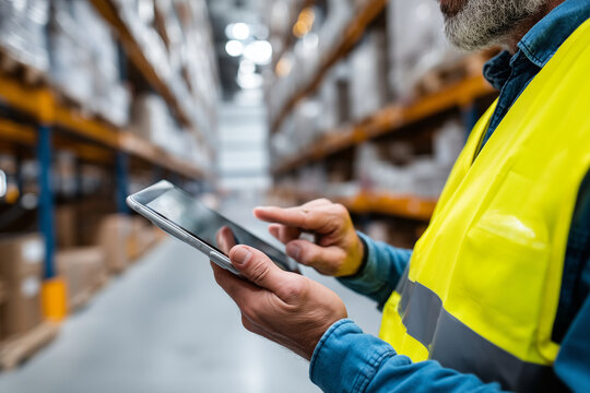 Warehouse worker using digital tablet to control smart logistics system, bright industrial background, 