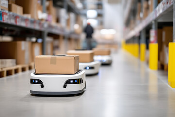 Autonomous mobile robots navigating warehouse aisles, scanning QR codes, 