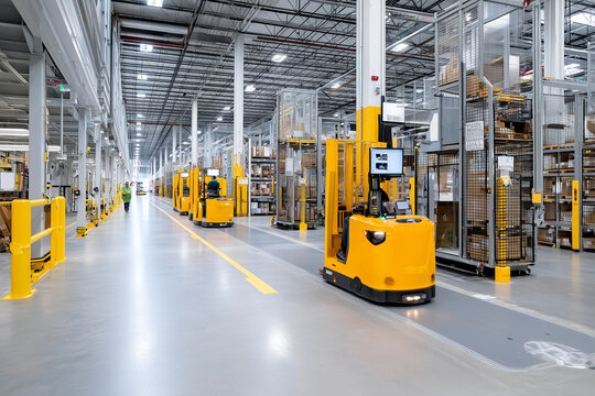 Wide view of automated fulfillment center with self-driving forklifts and AI tracking screens, - Powered by Adobe