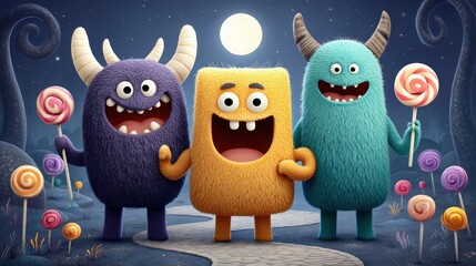 Obraz premium Colorful Cartoon Monsters Smiling Under Moonlight with Lollipops