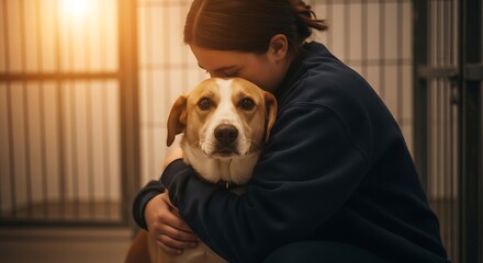 Young Woman Hugging Dog in Shelter with Warm Lighting and Cage Background