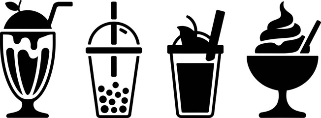 Collection of refreshing iced drinks and desserts in black silhouette