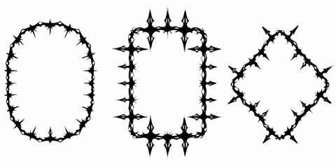 Three abstract black gothic frames with sharp pointed edges and ornate designs on a white background