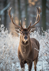 Majestic deer with large antlers standing in snowy thicket during winter   © Elina