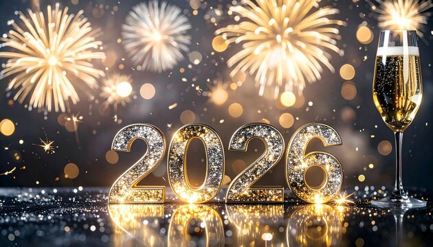 celebraci&oacute;n de A&ntilde;o Nuevo 2026. Fondo oscuro elegante con destellos dorados y plateados. N&uacute;meros '2026' en el centro con textura met&aacute;lica brillante, reflejando luces de fuegos artificiales sutiles