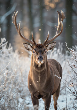 Majestic deer with large antlers standing in snowy thicket during winter  