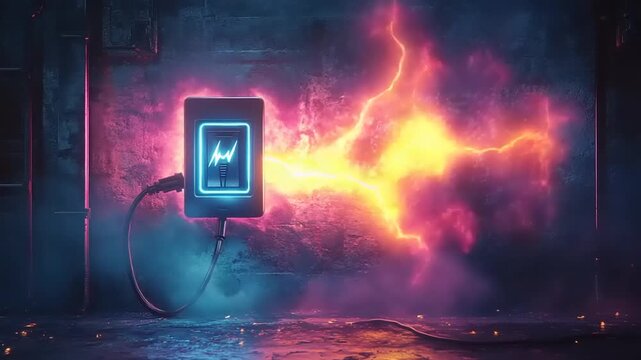 Electric energy surge from wall socket with neon glow.
