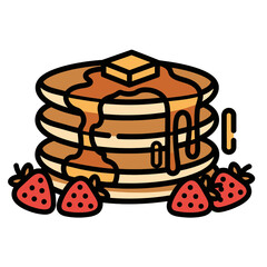 Delicious stack of pancakes with syrup and fresh strawberries breakfast food.