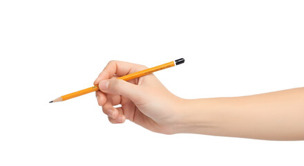 Hand holding a yellow pencil against a white background on transparent background