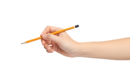 Hand holding a yellow pencil against a white background on transparent background