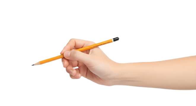 Hand holding a yellow pencil against a white background on transparent background