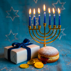 Hanukkah Celebration with Menorah, Gift, and Sufganiyah
