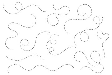 Hand drawn curve dotted line. Curly dotted line. Long dashed hand drawn squiggle. Dotted spiral curve line.