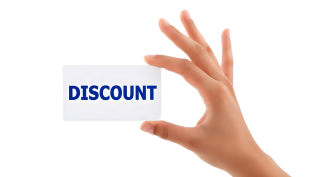 Hand holding discount card against a white background view on transparent background