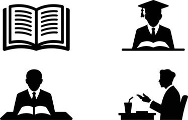 Icons representing education and learning, including an open book and students studying.