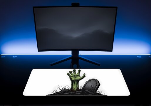 Gaming setup featuring a monitor and a mousepad with a zombie hand emerging from a grave design