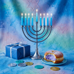 Hanukkah Celebration Menorah Sufganiyah and Gifts