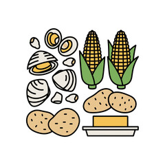 Various food items including corn potatoes eggs butter and clams.