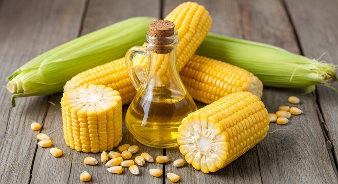 Golden corn on the cob with oil bottle evokes fresh harvest and healthy eating in a rustic kitchen setting for food blog imagery