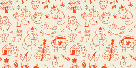 Vector seamless pattern, illustration in simple hand drawn style, trendy playful whimsical quirky style, for Christmas and New Year prints, cards, banners