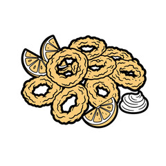 Delicious golden fried onion rings with lemon slices and creamy sauce.