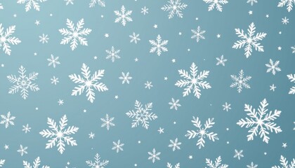 White snowflake pattern on a light blue gradient background featuring various sizes of snowflakes and small star shapes