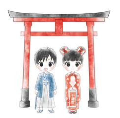 七五三のかわいい男の子と女の子の水彩風イラスト