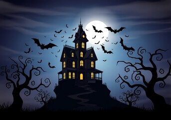 A spooky haunted house on a hill with bats flying under a full moon in a dark halloween night scene