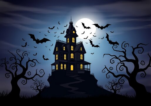 A spooky haunted house on a hill with bats flying under a full moon in a dark halloween night scene