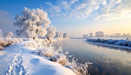 Breathtaking winter wonderland scene with snow covered trees reflecting in the tranquil river, perfect for holiday greetings and serene landscapes, ideal for seasonal promotions and nature themes
