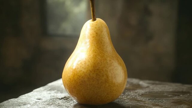 A fresh pear sits on a wooden table, ready to be eaten or used for decoration