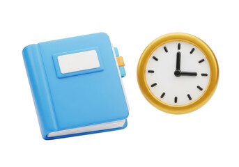 Blue planner and clock isolated on transparent background