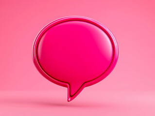 Glossy pink speech bubble icon, featuring a smooth surface and soft reflections, positioned against a pastel pink backdrop, representing dialogue and interaction, expression in digital design