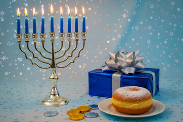 Hanukkah Celebration with Menorah, Gifts, and Donuts