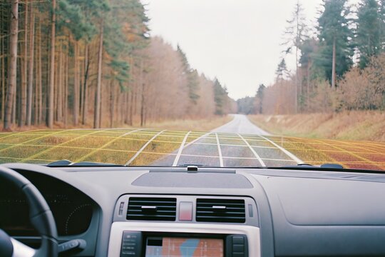 Car dashboard with futuristic augmented reality windshield on road