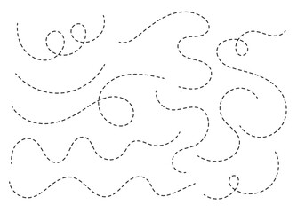 Hand drawn curve dotted line, Spiral dotted line hand drawn, Dotted lines path travel, dotted line trip dashed trace destination track plan and silhouette, travelling symbol. Vector illustration