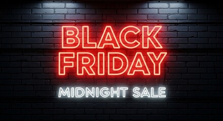 Obraz premium Black Friday Neon Sign Midnight Sale Bright Red and White Lights on Dark Brick Wall