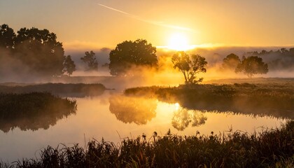 Fototapeta premium Golden sunrise over tranquil lake with mystical fog, nature's beauty with light reflecting on water, serene landscape photography, calm morning scene, peaceful and dreamy, nature photography