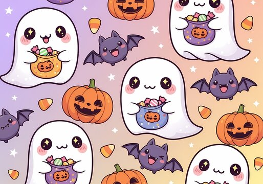 Seamless pattern of cute halloween ghosts bats pumpkins and candy corn on gradient background design - Powered by Adobe