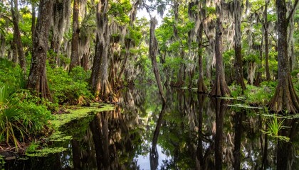 Obraz premium Explore the serene beauty of a southern swamp, where ancient cypress trees draped with Spanish moss create a magical, reflective waterway, perfect for nature lovers and conservation projects