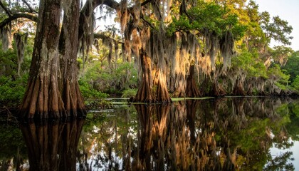 Breathtaking cypress trees reflected in tranquil swamp waters, creating a serene and natural landscape evoking peace and wonder, perfect for nature lovers and environmental projects