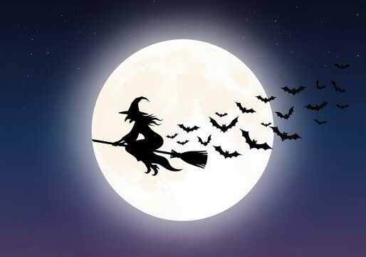 A witch silhouette flying on a broomstick with bats in front of a full moon on a starry night